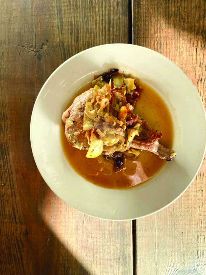 Braised Pork Chops with Artichokes, Tomatoes and Olives