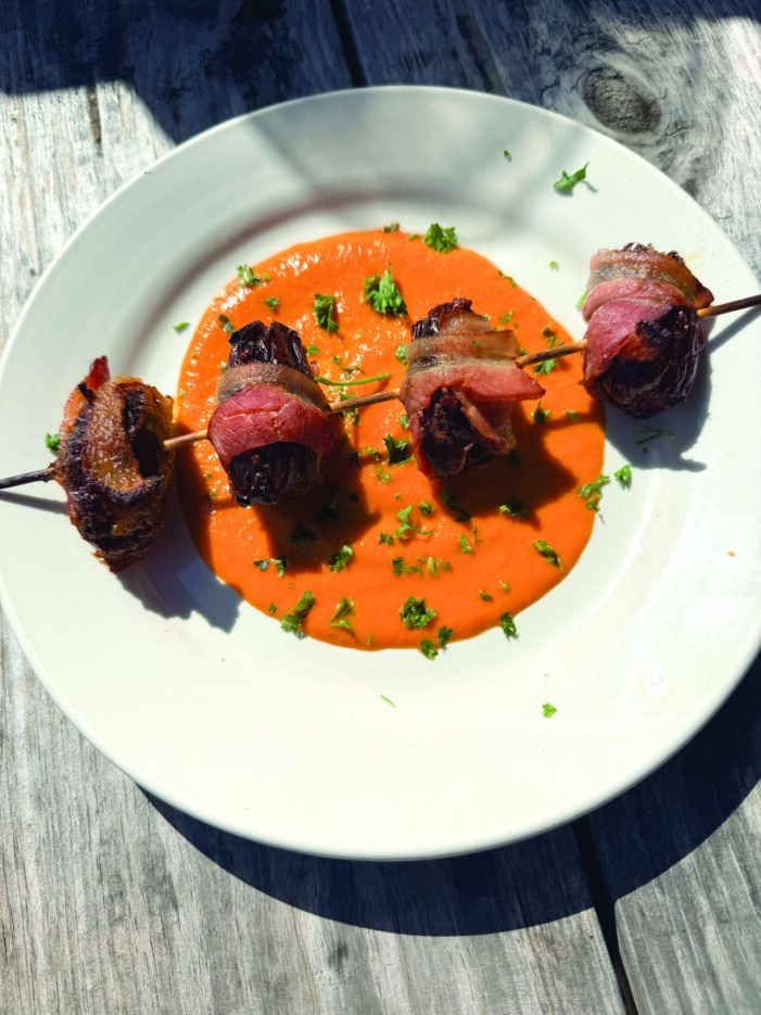 Chorizo-Stuffed Dates with Red Pepper Sauce